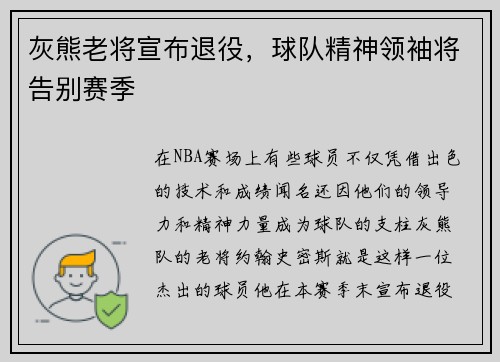 灰熊老将宣布退役，球队精神领袖将告别赛季