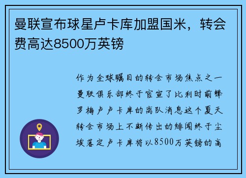 曼联宣布球星卢卡库加盟国米，转会费高达8500万英镑