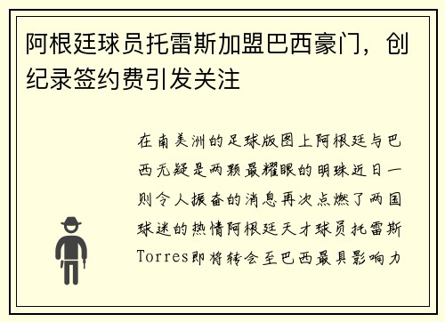 阿根廷球员托雷斯加盟巴西豪门，创纪录签约费引发关注